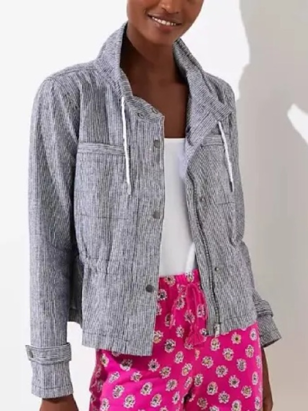 Loft Linen Blend Jacket Blue and White Striped Pattern size PS oversized